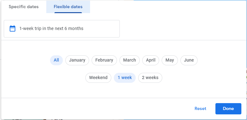 The dates filter on Google Flights' Destination Map feature which lets you change your travel dates