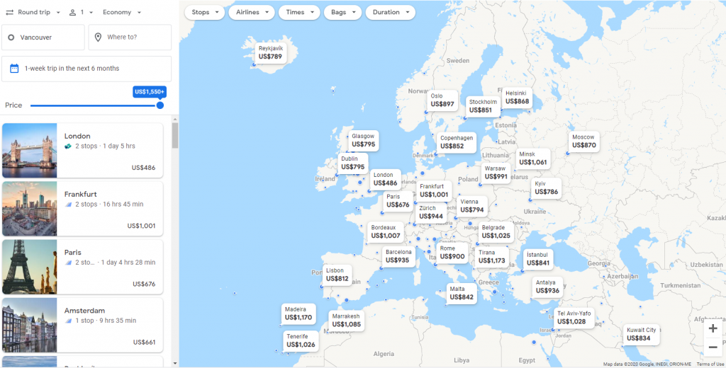 Flight prices to Europe using Google Flights' destination map feature