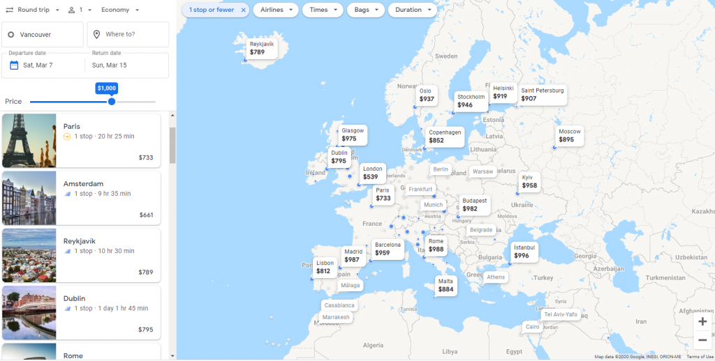 Flight prices to Europe after changing the dates and using filters to see the best flights