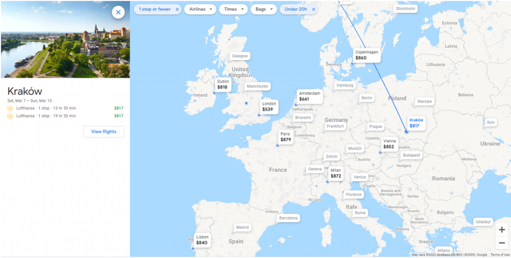Flight prices and options to Krakow on Google Flights' Destination Map feature