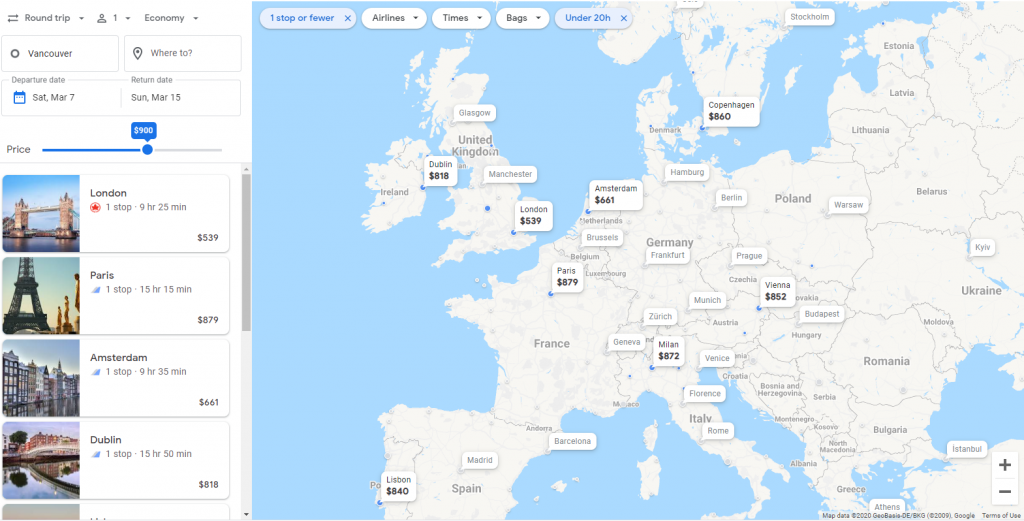 A traveler using the Destination Map feature on Google Flights to find a cheap transit hub in Europe