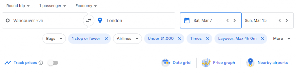 A search for flights from Vancouver to London with filters on Google Flights