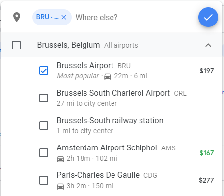 The Multiple Airports feature in use on Google Flights for arrival airports