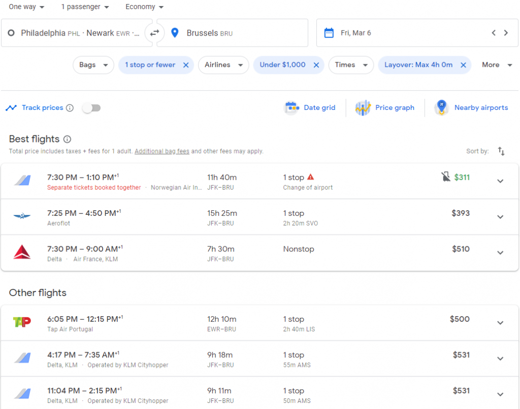 The search results on Google Flights for all the flights departing from multiple different airports