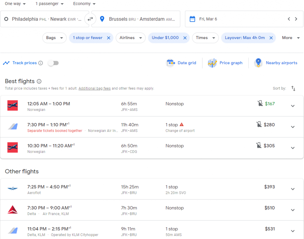 The flight search results on Google Flights after adding multiple departure and arrival airports