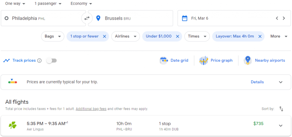 A search for flights on Google Flights between two standard airports