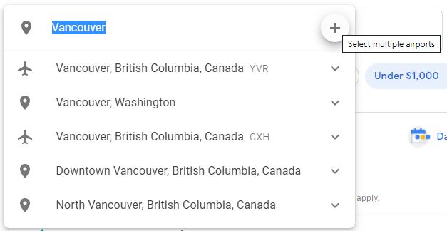 The departure airport search field on Google Flights with the Multiple Airports button highlighted