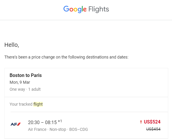 The price change email received from Google Flights when tracking a specific flight