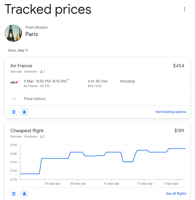 The tracked prices page on Google Flights used to show you every flight price you are tracking