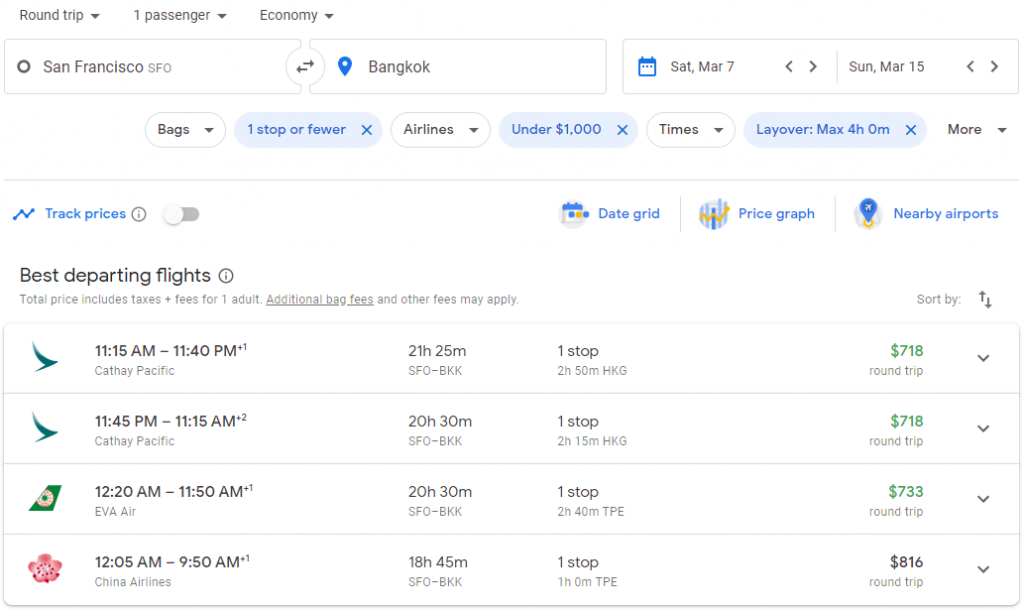 A search for flights on Google Flights using filters to find the best flights