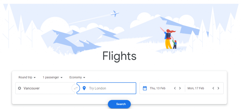 The main search page on Google Flights