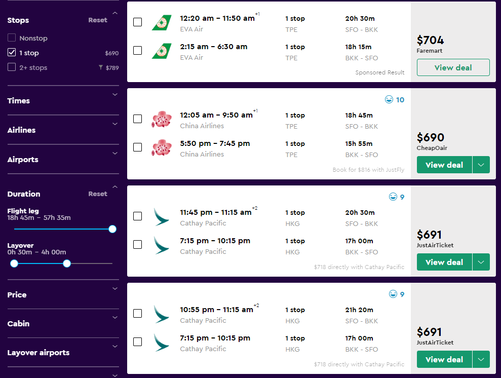 The search results on Momondo after using filters to show the best and cheapest flights available