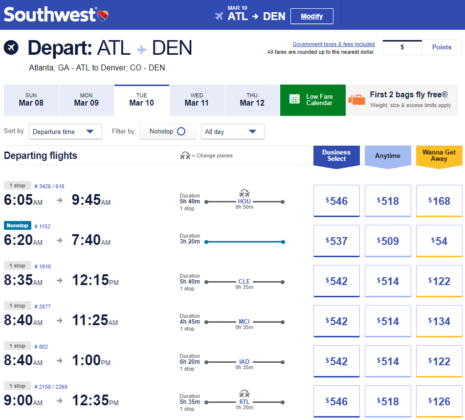 The search results for a domestic flight search on Southwest Airlines' website showing nonstop and connecting flights