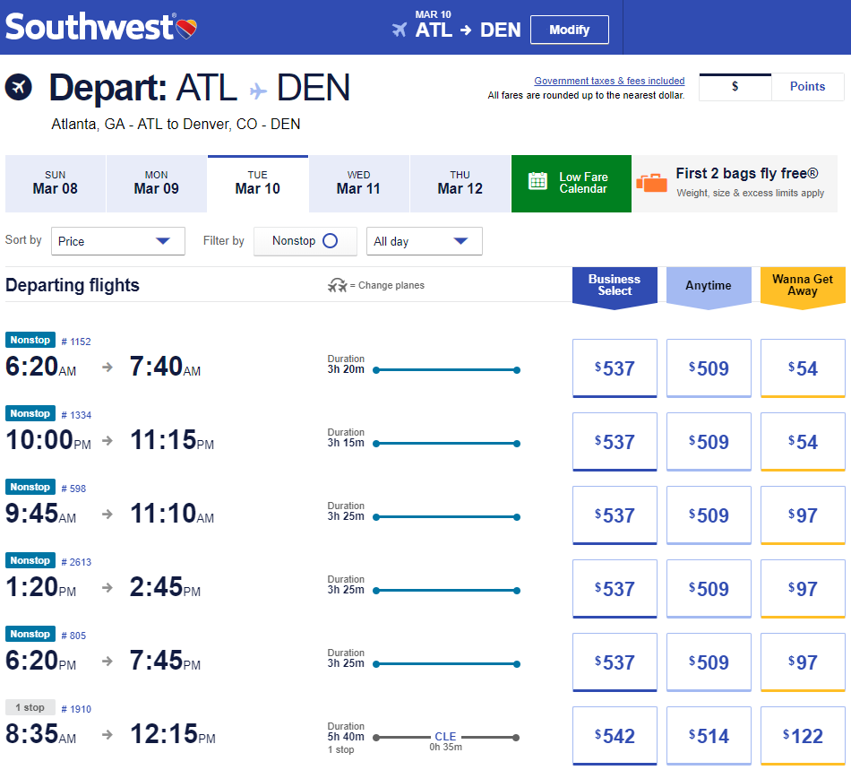 The search results for a domestic flight search on Southwest Airlines' website after sorting by price