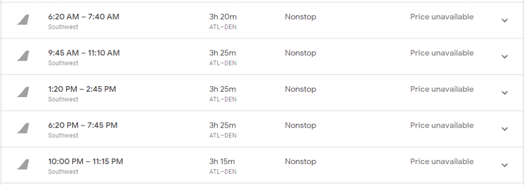 The way Google Flights displays Southwest Airlines flights in its search results with unavailable prices