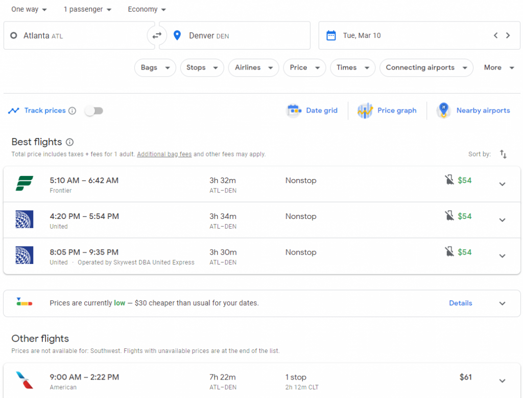 The search results for domestic flights in the USA using Google Flights