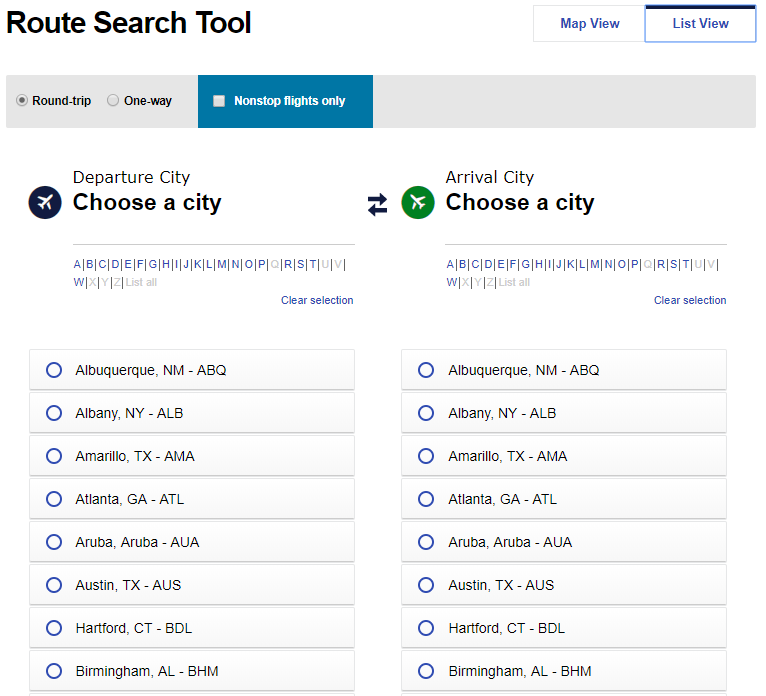 The list view of the cities that Southwest Airlines flies between