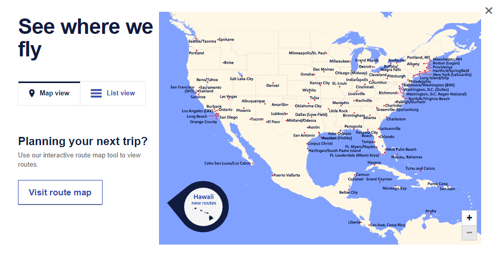 The route map offered by Southwest Airlines on their website displaying the cities they fly to