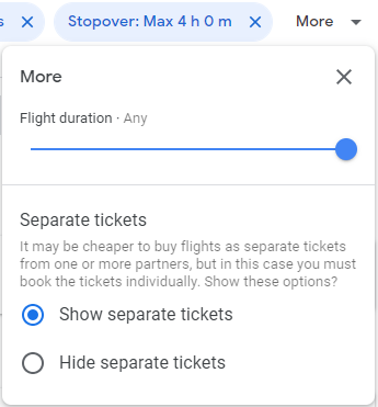 The extra filters on Google Flights that let you filter out flights with total durations that are too long