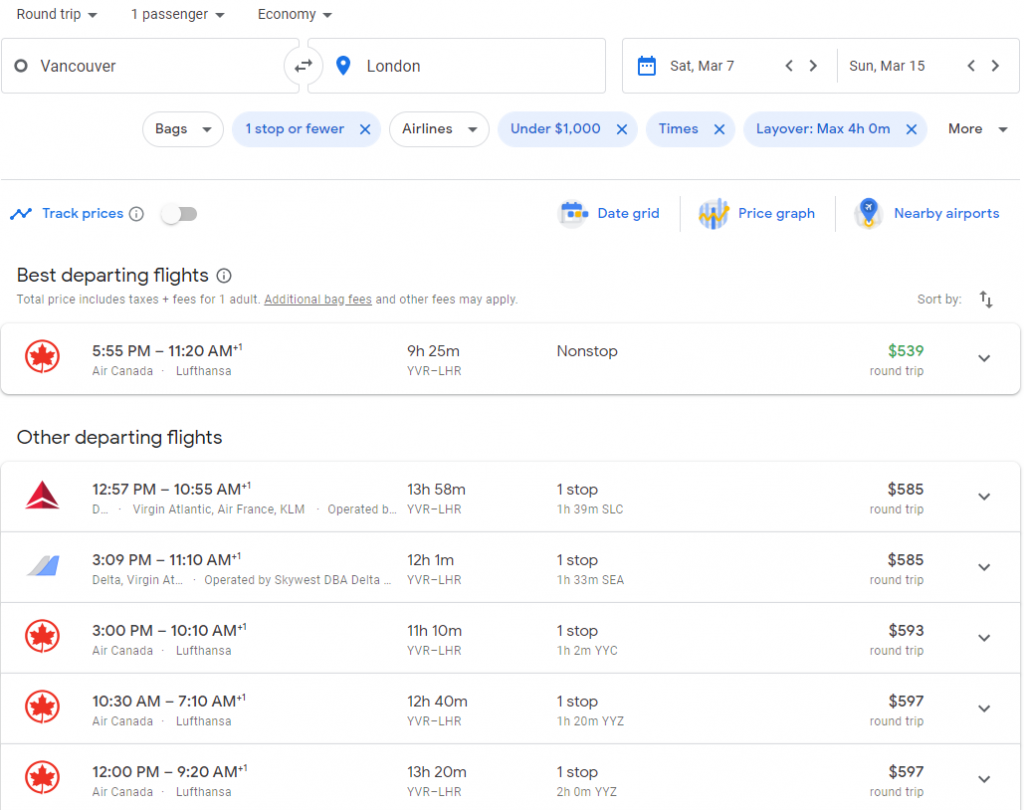 Typical flight search results on Google Flights after using filters to find the best flights