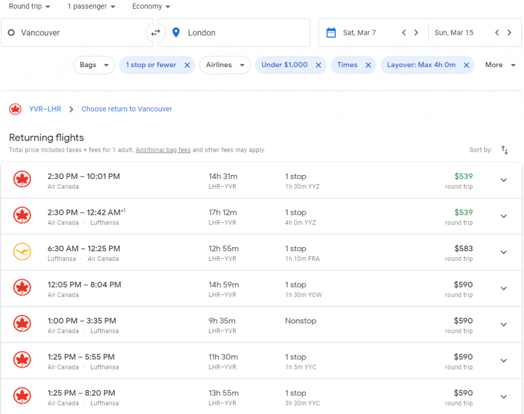 Typical flight search results on Google Flights after using filters to find the best flights