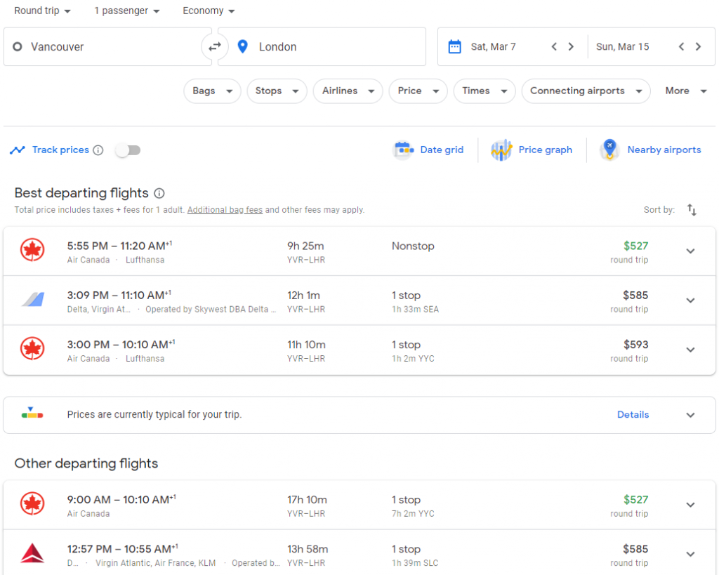 The search results for a standard search on Google Flights