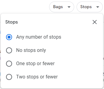 The stops filter on Google flights used to filter out flights that are not direct