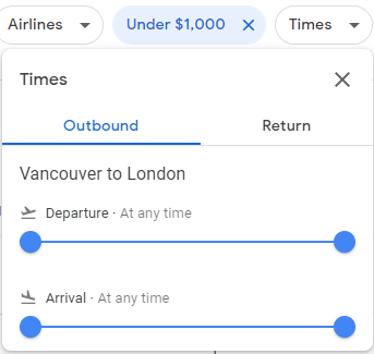 The times filter on google flights used to filter out flights that depart or arrive too early or late