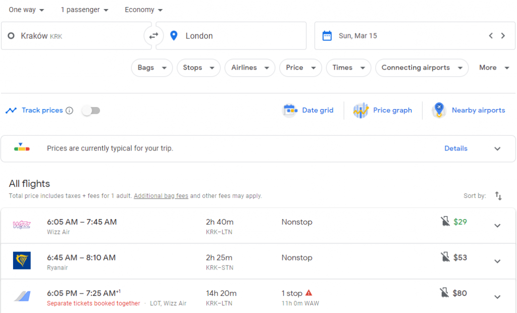 The search results on Google Flights for a cheap flight from Krakow to London