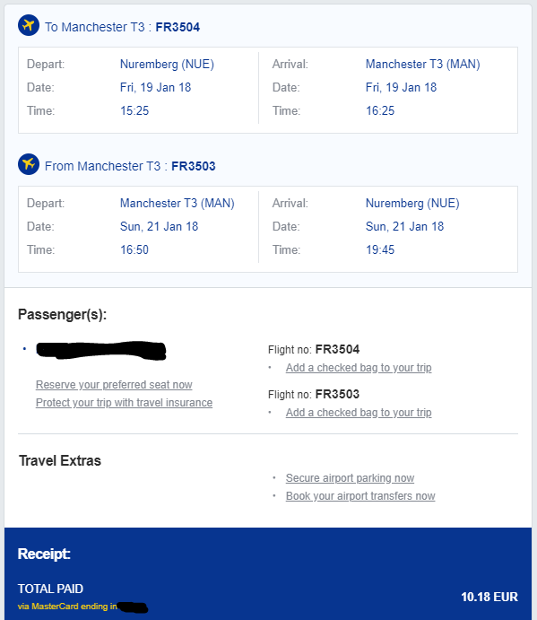 The receipt for a Ryanair flight from Nuremberg Germany to Manchester England for only 10€