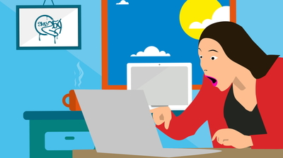 An animated image of a woman shocked at how easy it was to book flights online