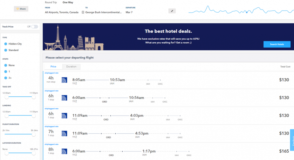 The search results on Skiplagged for a one-way flight from Toronto to Houston