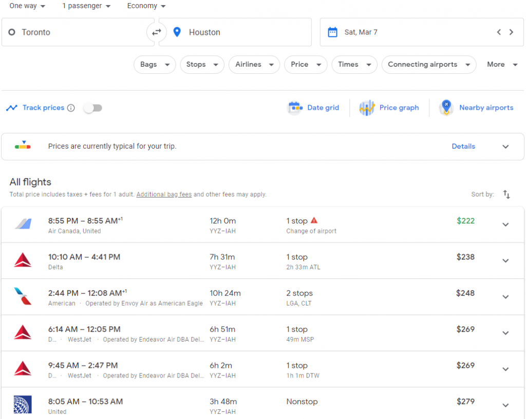 The search results on Google Flights for a one-way flight from Toronto to Houston