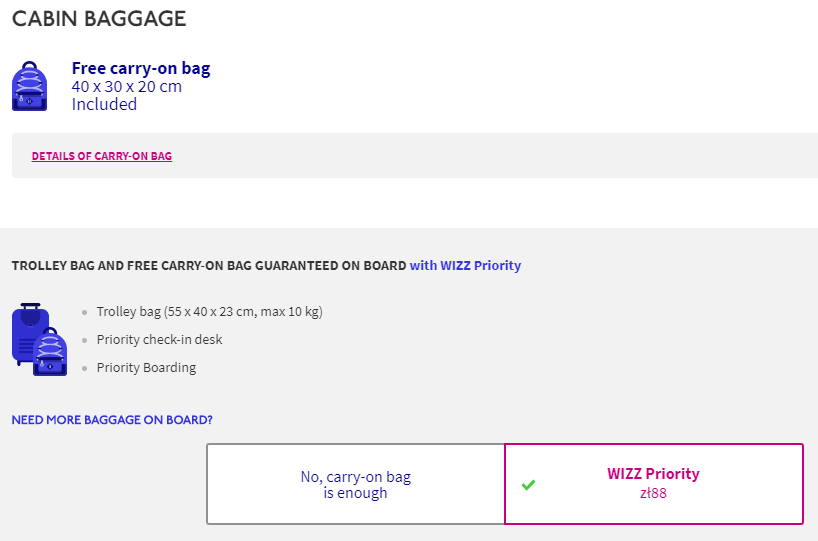 The cost of a carry-on bag with Wizzair on a flight from Krakow to London Luton